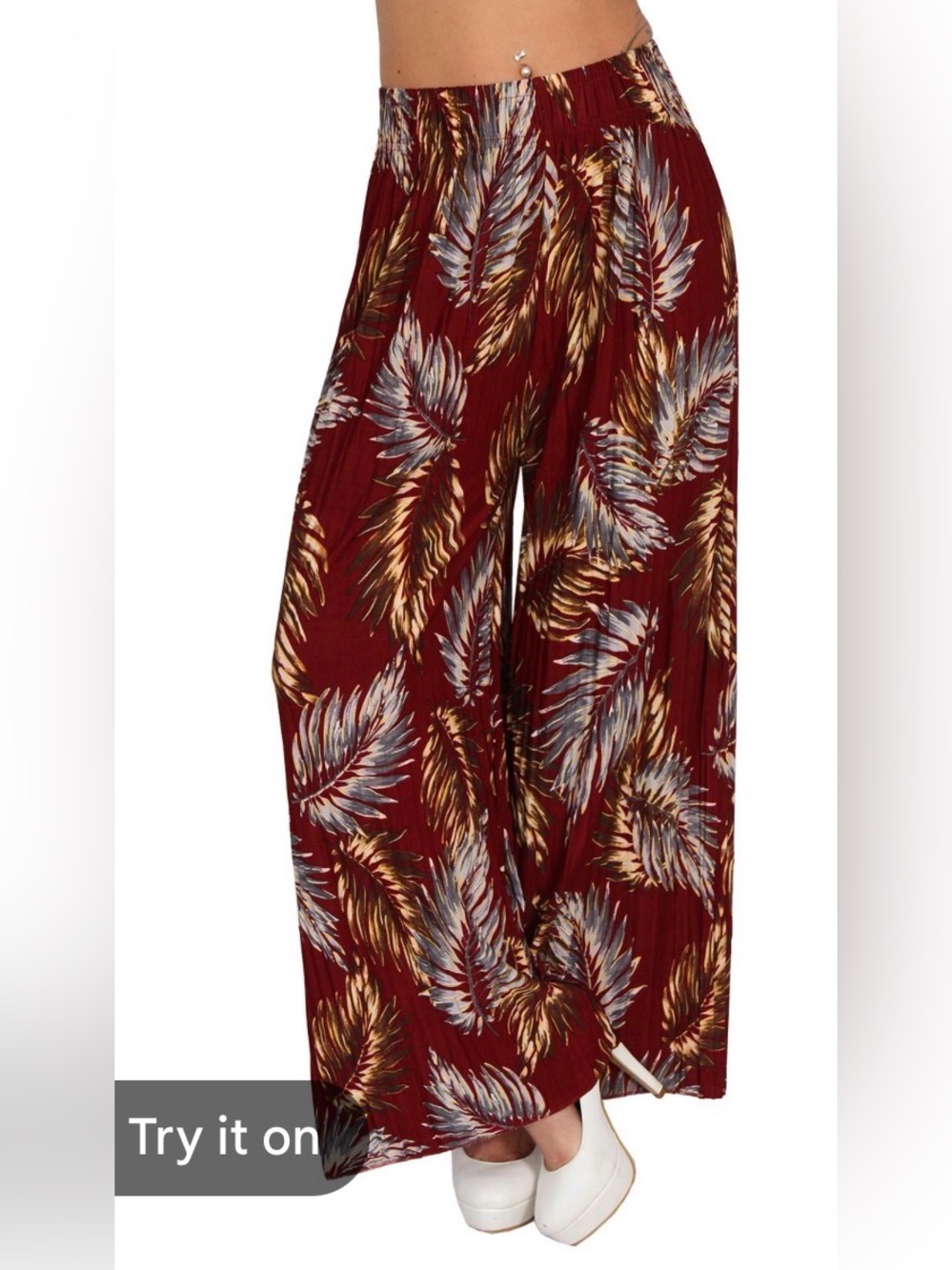 Yuni Burgundy Wide Leg Tropical Leaf Pants